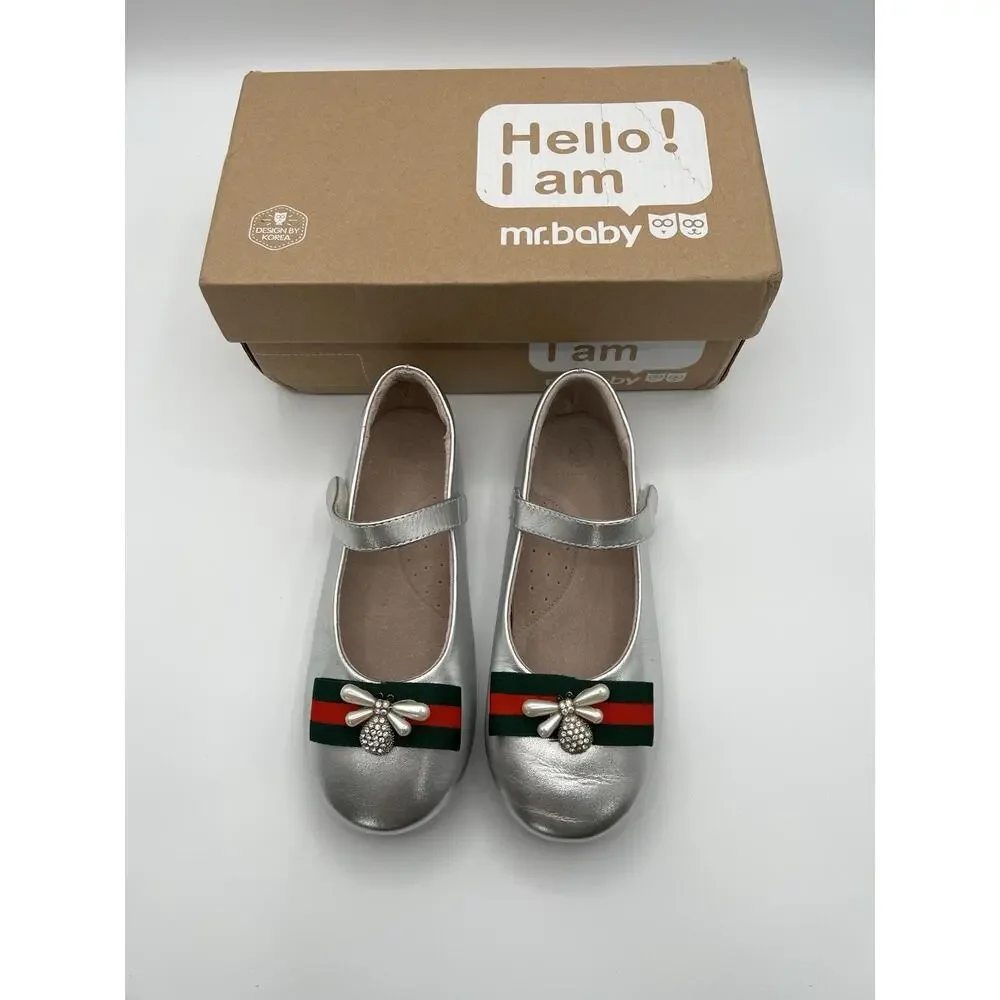 Mr. Baby Girls Leather Closed Toe Flat Little Kids Shoes NEW Sz 31 Us 13 Silver